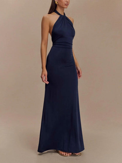 Elegant Navy Maxi Dress for Women with Halter Neck Ruched Bodycon Formal Wedding Guest Style