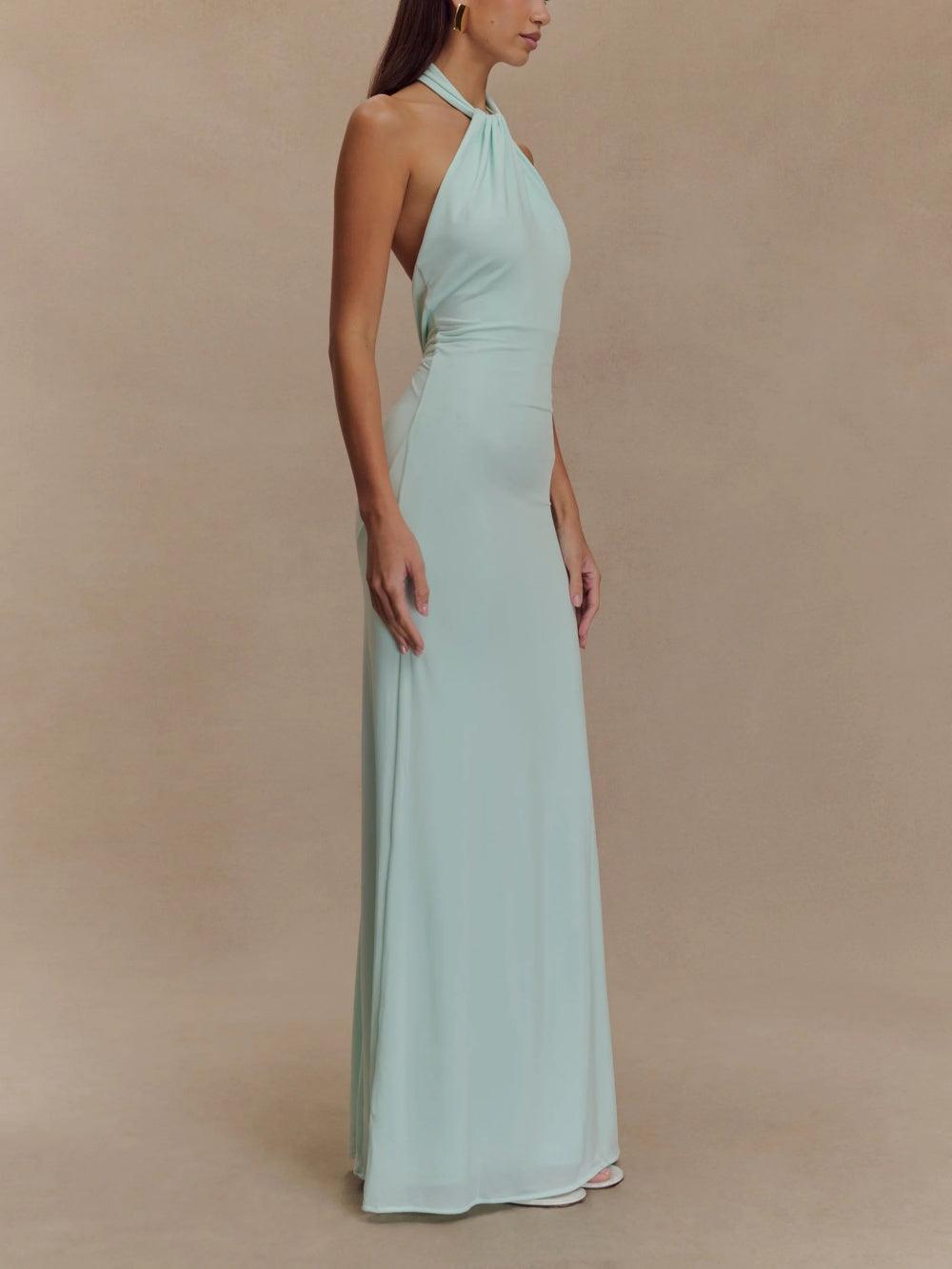Elegant Knit Maxi Dress for Women with Halter Neck Backless Ruched Column Formal Wedding Guest Style