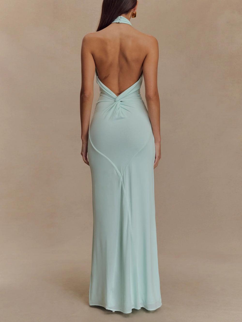 Elegant Knit Maxi Dress for Women with Halter Neck Backless Ruched Column Formal Wedding Guest Style