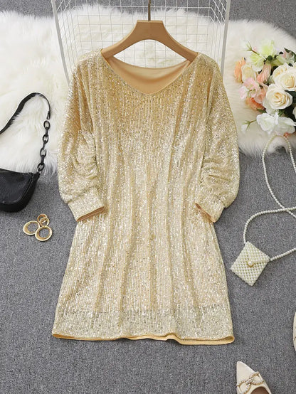 Elegant Sequin Mini Dress for Women with One Shoulder Long Sleeve Bodycon Sparkle Formal Party Style