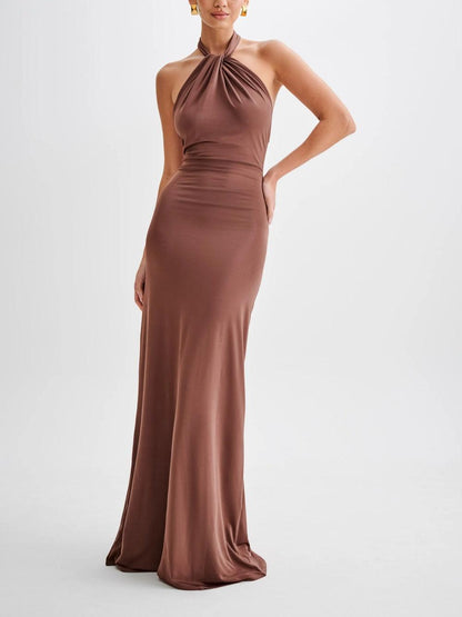 Elegant Knit Maxi Dress for Women with Halter Neck Backless Ruched Column Formal Wedding Guest Style