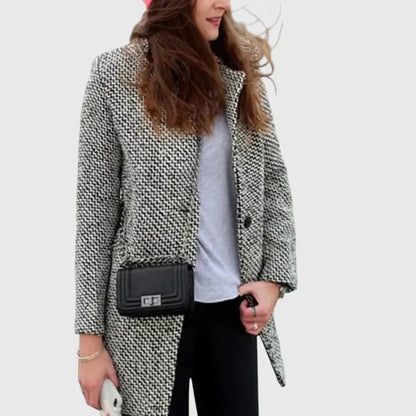 Elegant Gray Houndstooth Tweed Coat for Women with Notch Lapel Long Sleeve Single Button Relaxed Style