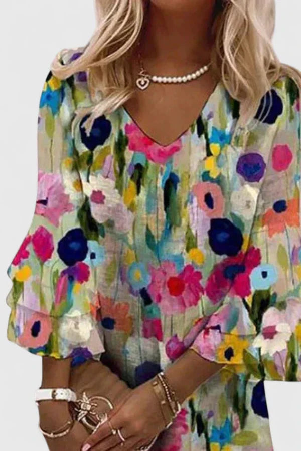 Effortless Floral Mini Dress for Women with V Neck Bell Sleeve Tiered Ruffle Bohemian Style
