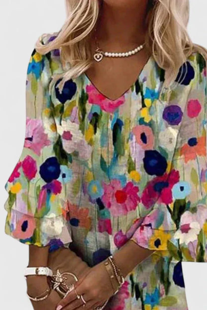 Effortless Floral Mini Dress for Women with V Neck Bell Sleeve Tiered Ruffle Bohemian Style