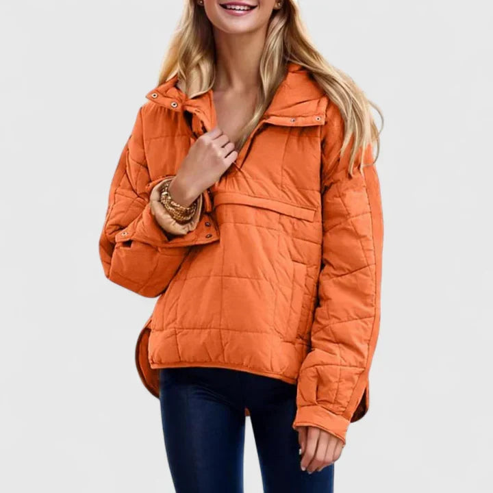 Comfortable Quilted Puffer Jacket for Women with Hooded Long Sleeve Snap Button Oversized Style