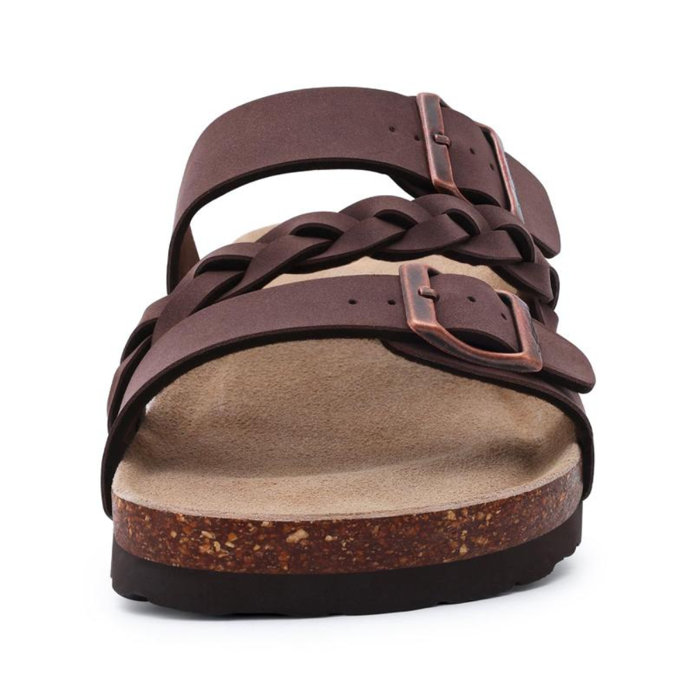 Comfortable Braided Strap Slide Sandal for Women with Double Buckle Cork Footbed Casual Style