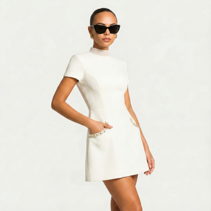 Elegant Pearl Trim Tweed Mini Dress for Women with Crew Neck Short Sleeve Pocket Detail Cocktail Style