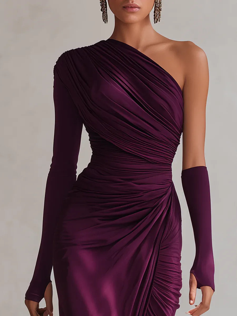 Elegant Purple Maxi Dress for Women with One Shoulder Long Sleeve Ruched Draped High Slit Formal Wedding Guest Style