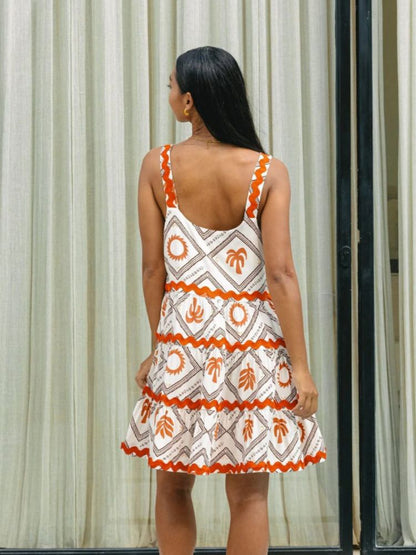 Effortless Ric Rac Trim Tiered Mini Dress for Women with Square Neck Sleeveless Flowy Babydoll Style