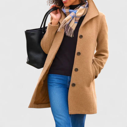 Elegant Wool Coat for Women with Lapel Collar Long Sleeve Button Front Casual Style
