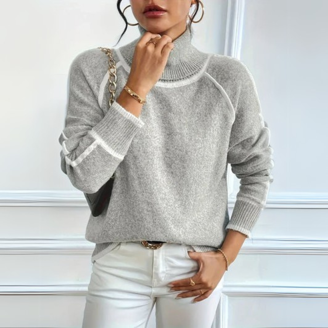 Comfortable Grey Turtleneck Sweater for Women with High Neck Long Sleeve Contrast Trim Oversized Knit Style