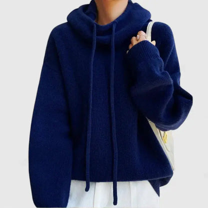 Comfortable Drawstring Hoodie Sweater for Women with Cowl Neck Long Sleeve Relaxed Oversized Knit Style