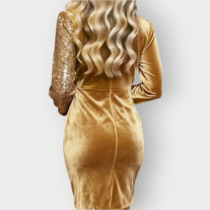 Elegant Sequin Velvet Wrap Mini Dress for Women with V Neck Long Sleeve Ruched Bodycon Cocktail Style