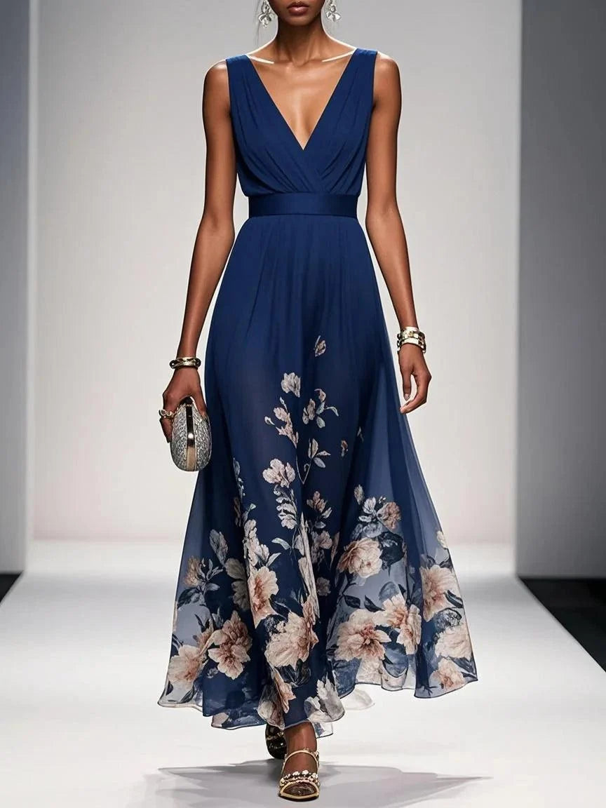 Elegant Floral Maxi Dress for Women with V Neck Sleeveless Pleated Waist Flowing Wedding Guest Style