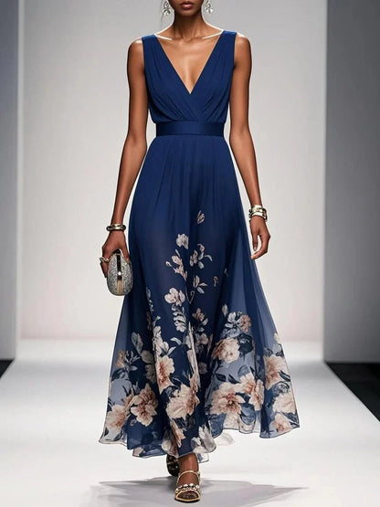Elegant Floral Maxi Dress for Women with V Neck Sleeveless Pleated Waist Flowing Wedding Guest Style