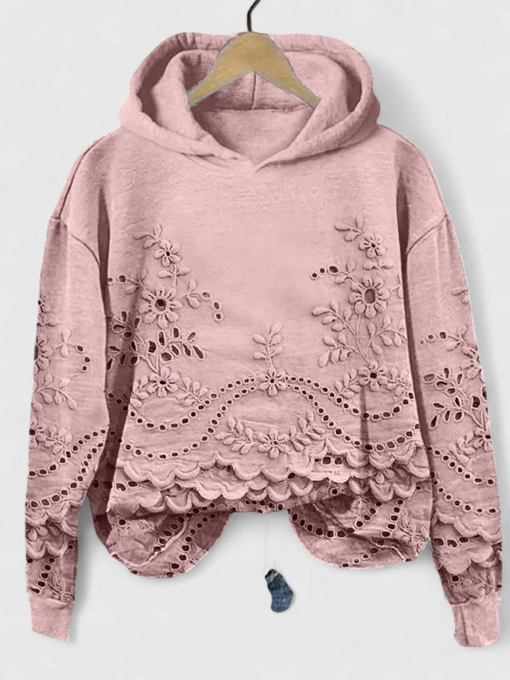 Comfortable Eyelet Embroidered Cropped Hoodie for Women with Drawstring Hood Long Sleeve Scalloped Hem Oversized Knit Style
