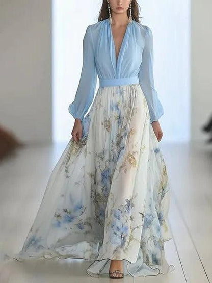 Elegant Blue Floral Maxi Dress for Women with V Neck Bishop Sleeve Flowing Wedding Guest Style