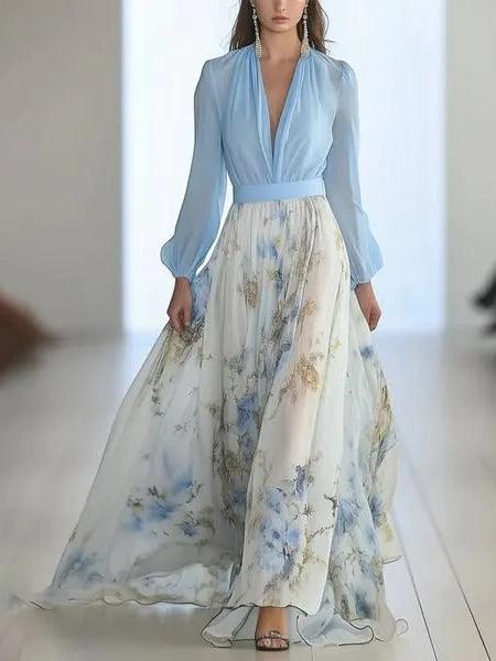 Elegant Blue Floral Maxi Dress for Women with V Neck Bishop Sleeve Flowing Wedding Guest Style