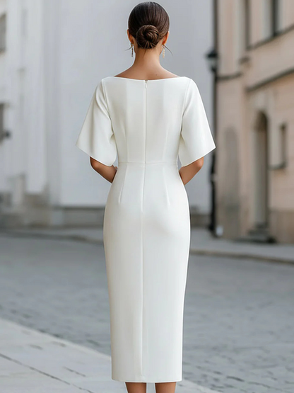 Elegant Sheath Midi Dress for Women with Boat Neck Flutter Sleeve Column Formal Style