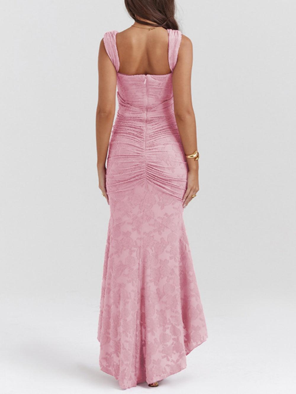 Elegant Lace Maxi Dress for Women with Corset Bodice Ruched Waist High Low Mermaid Formal Style