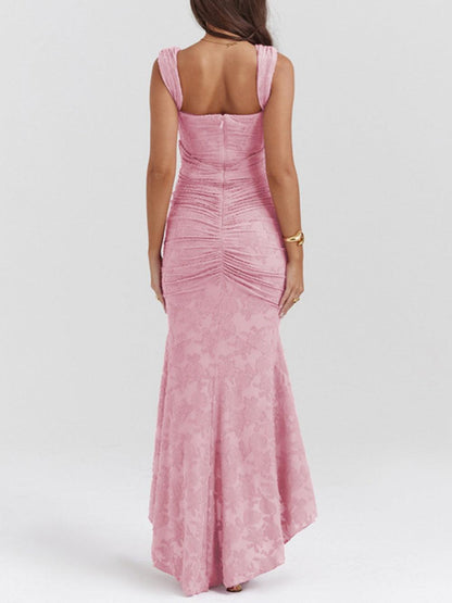 Elegant Lace Maxi Dress for Women with Corset Bodice Ruched Waist High Low Mermaid Formal Style