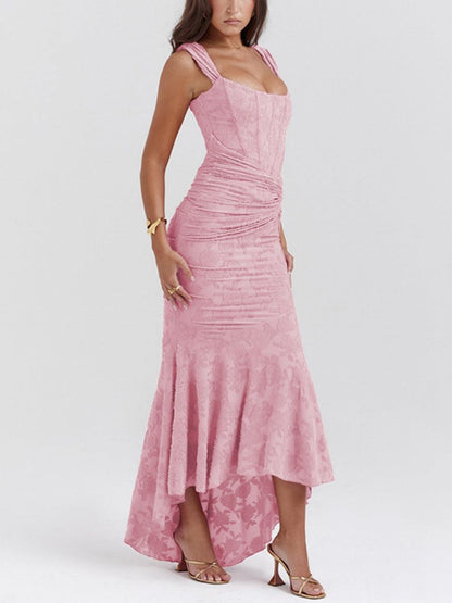 Elegant Lace Maxi Dress for Women with Corset Bodice Ruched Waist High Low Mermaid Formal Style