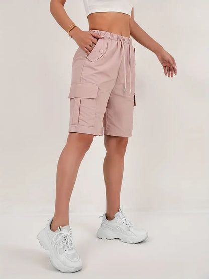 Effortless Pink Cargo Shorts for Women with High Waist Drawstring Flap Pocket Relaxed Style