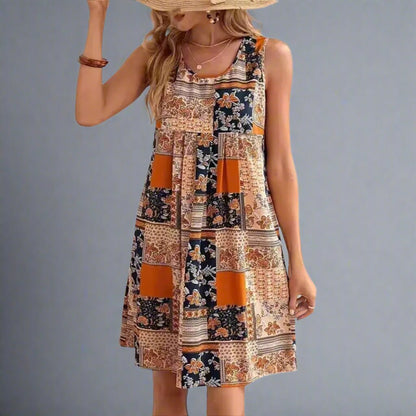 Effortless Patchwork Floral Mini Dress for Women with Scoop Neck Sleeveless Pleated A Line Bohemian Style