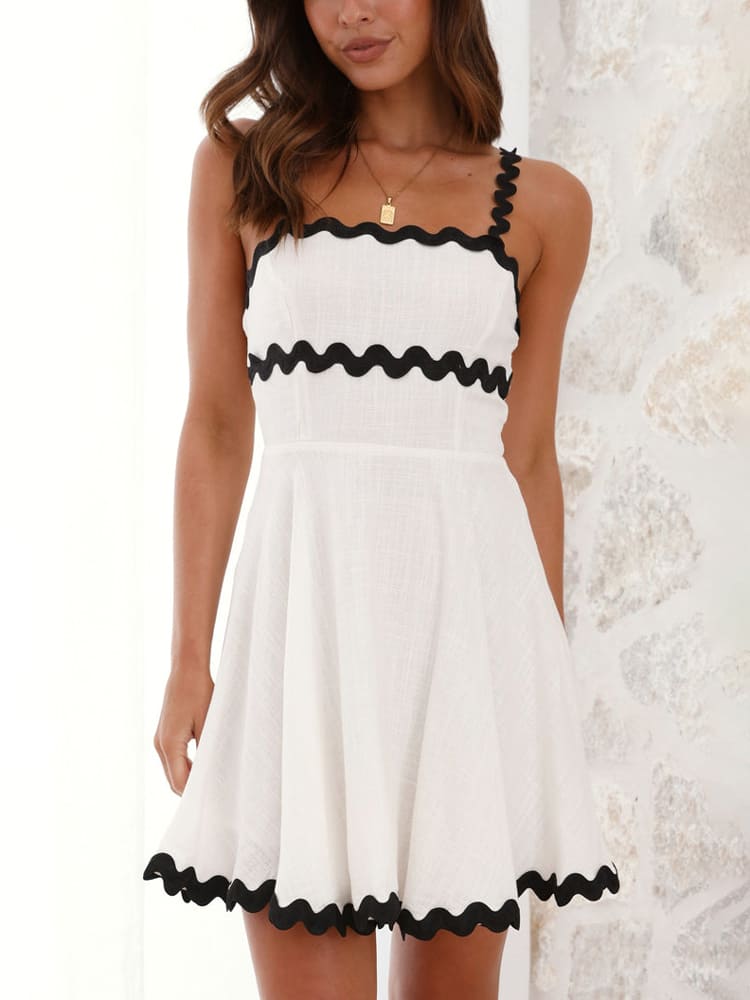 Effortless Linen Mini Dress for Women with Square Neck Sleeveless Wavy Trim Fit and Flare Style