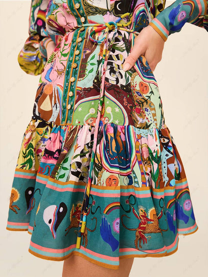 Effortless Multicolor Novelty Print Mini Dress for Women with Stand Collar Balloon Sleeve Tiered Ruffle Bohemian Style