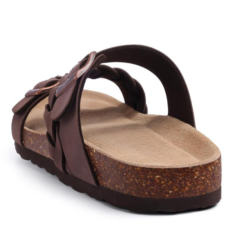 Comfortable Braided Strap Slide Sandal for Women with Double Buckle Cork Footbed Casual Style