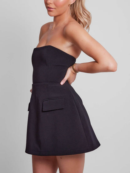 Elegant Structured Mini Dress for Women with Strapless Fit and Flare Pocket Detail Cocktail Style