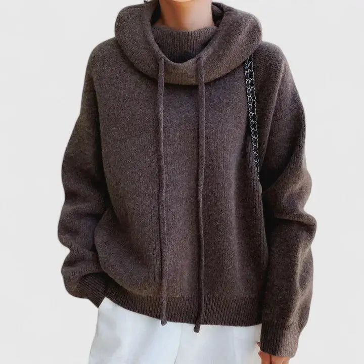 Comfortable Drawstring Hoodie Sweater for Women with Cowl Neck Long Sleeve Relaxed Oversized Knit Style