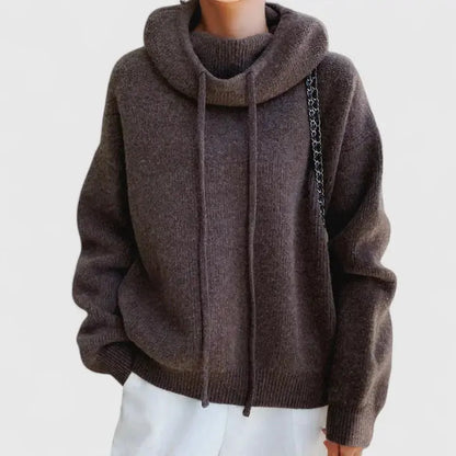 Comfortable Drawstring Hoodie Sweater for Women with Cowl Neck Long Sleeve Relaxed Oversized Knit Style