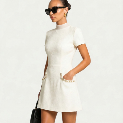Elegant Pearl Trim Tweed Mini Dress for Women with Crew Neck Short Sleeve Pocket Detail Cocktail Style