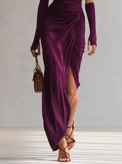 Elegant Purple Maxi Dress for Women with One Shoulder Long Sleeve Ruched Draped High Slit Formal Wedding Guest Style