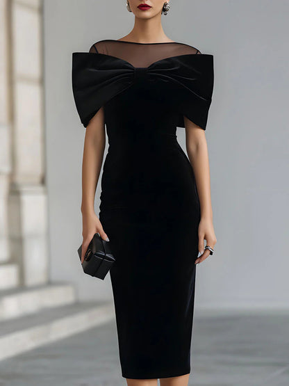 Elegant Black Velvet Midi Dress for Women with Illusion Neck Bow Off Shoulder Bodycon Cocktail Style