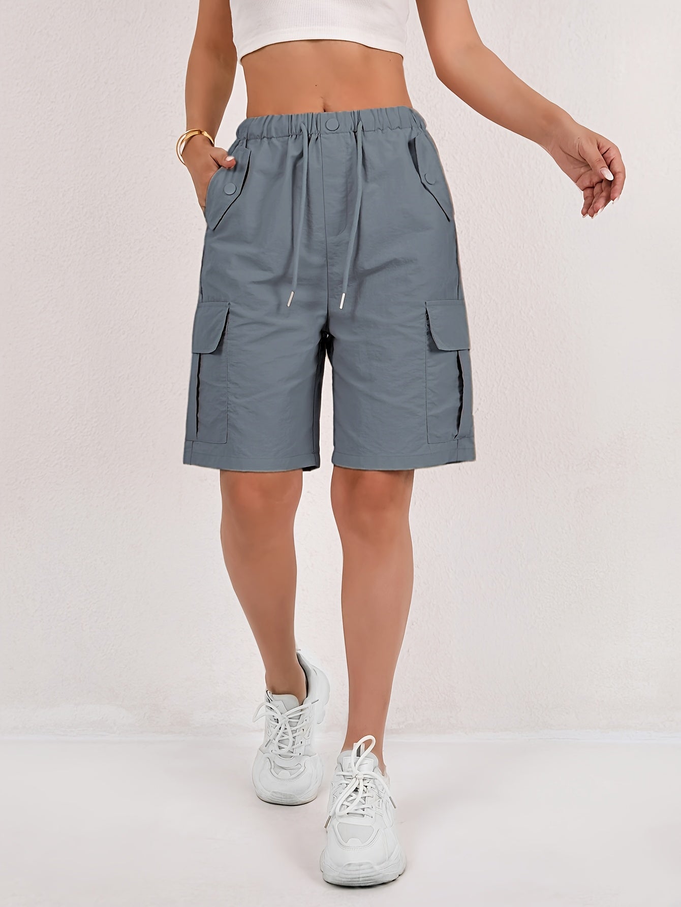 Effortless Pink Cargo Shorts for Women with High Waist Drawstring Flap Pocket Relaxed Style