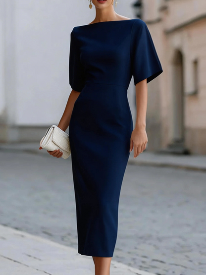 Elegant Sheath Midi Dress for Women with Boat Neck Flutter Sleeve Column Formal Style