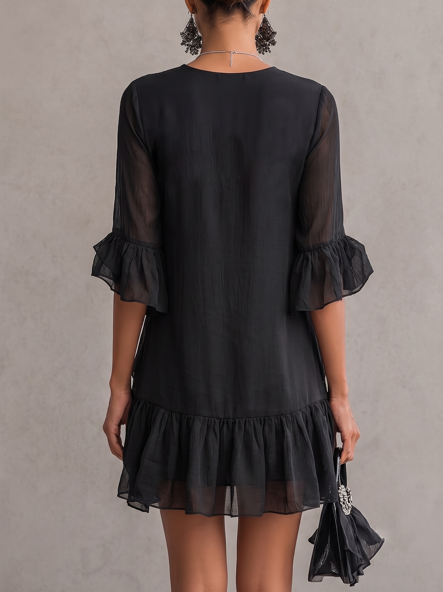 Elegant Black Chiffon Mini Dress for Women with V Neck Balloon Sleeve Ruffle Tiered Flowing Style
