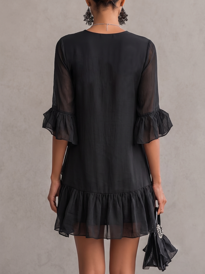 Elegant Black Chiffon Mini Dress for Women with V Neck Balloon Sleeve Ruffle Tiered Flowing Style