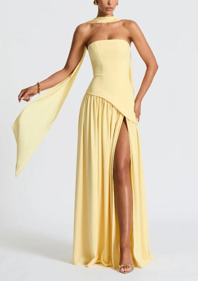 Elegant Draped Maxi Dress for Women with Strapless Choker Cape Sleeve High Slit Formal Wedding Guest Style