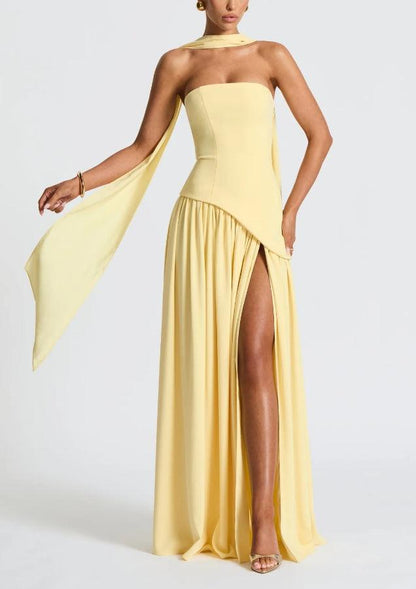 Elegant Draped Maxi Dress for Women with Strapless Choker Cape Sleeve High Slit Formal Wedding Guest Style