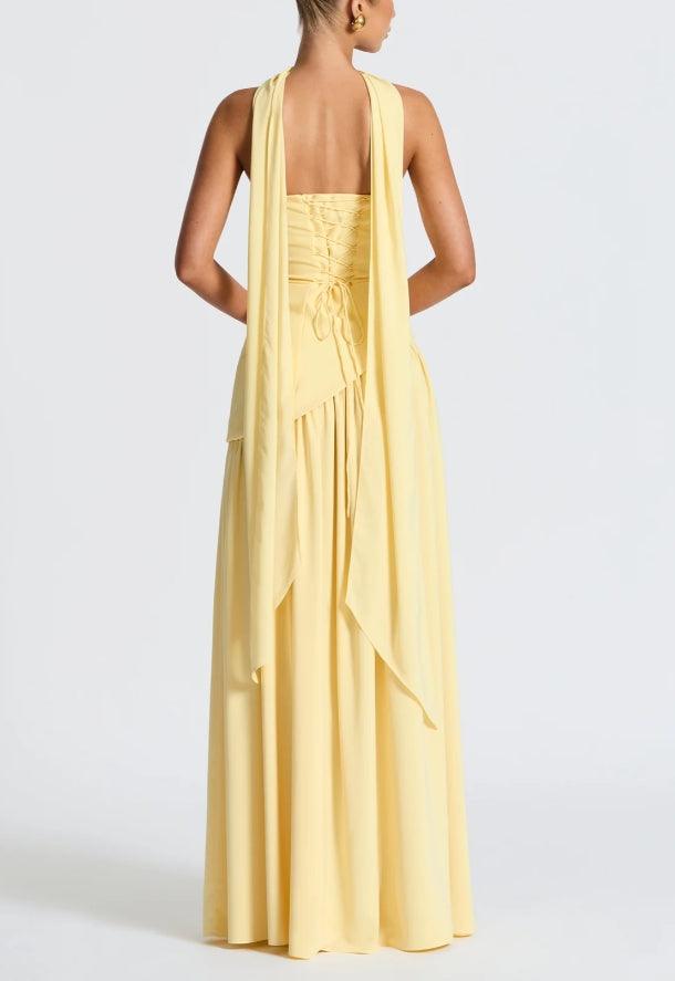 Elegant Draped Maxi Dress for Women with Strapless Choker Cape Sleeve High Slit Formal Wedding Guest Style