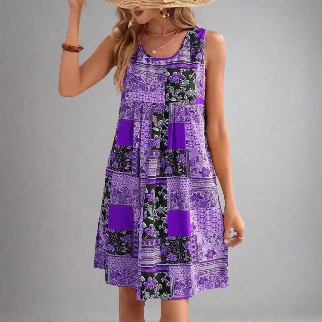 Effortless Patchwork Floral Mini Dress for Women with Scoop Neck Sleeveless Pleated A Line Bohemian Style