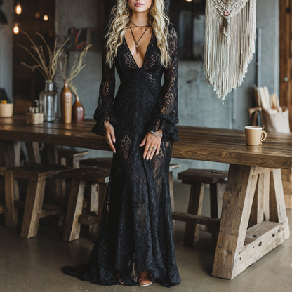 Elegant Black Lace Maxi Dress for Women with V Neck Bell Sleeve Ruched Bohemian Style