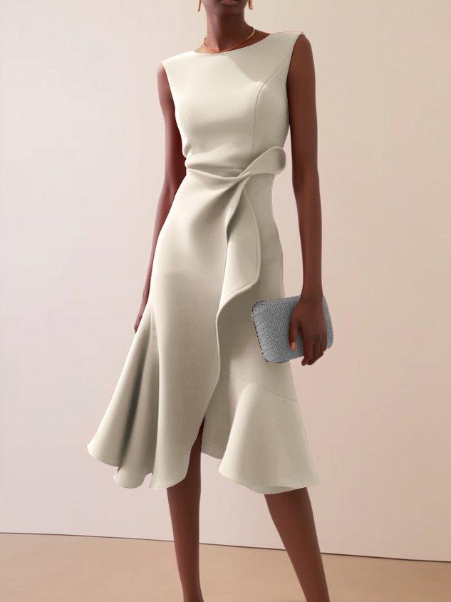 Elegant Draped Midi Dress for Women with Boat Neck Sleeveless Ruffle Hem Cocktail Style