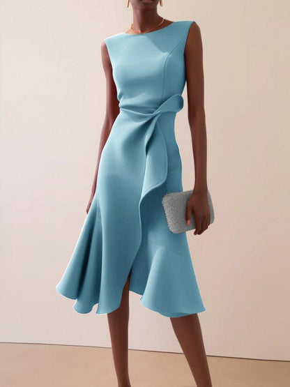 Elegant Draped Midi Dress for Women with Boat Neck Sleeveless Ruffle Hem Cocktail Style