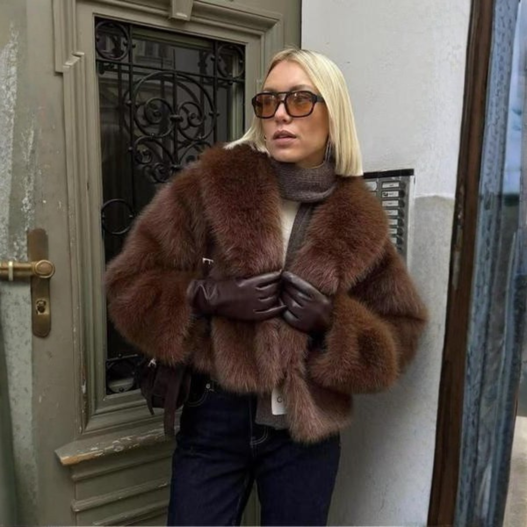 Elegant Faux Fur Cropped Jacket for Women with Shawl Collar Long Sleeve Oversized Cozy Style