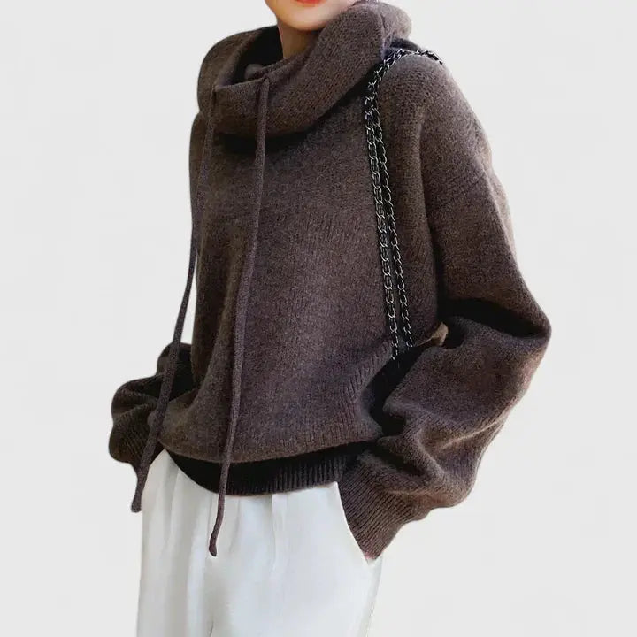 Comfortable Drawstring Hoodie Sweater for Women with Cowl Neck Long Sleeve Relaxed Oversized Knit Style